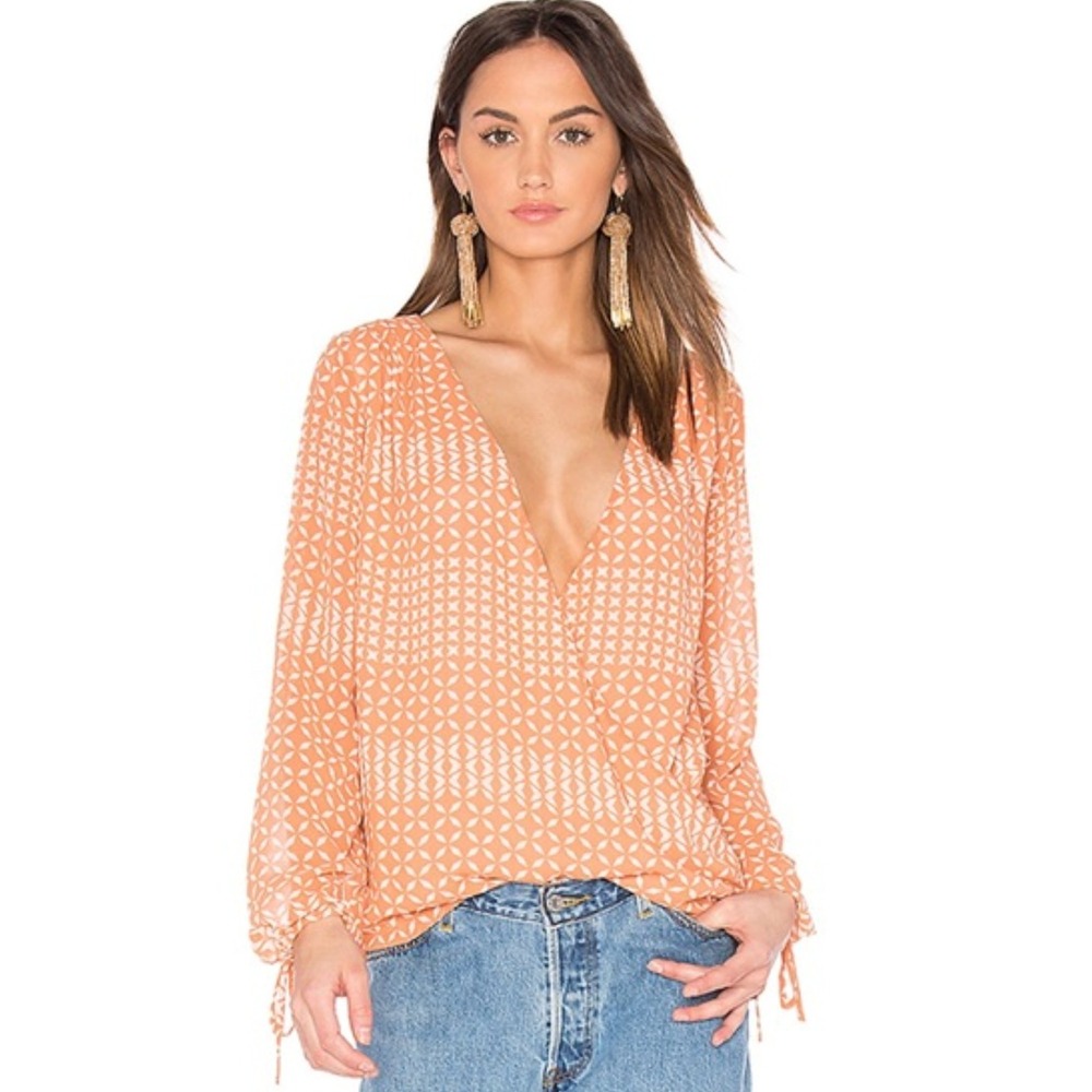 L'Academie Orange Geometric Print Wrap Blouse Tie Cuff Long Sleeve Small